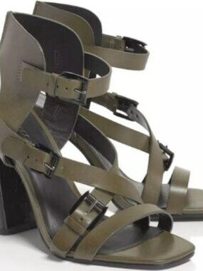 Rebecca Minkoff Women's 7.5 Green Leather Strappy Block Heel Sandal Gladiator